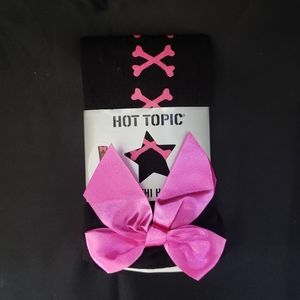 Black with Pink Crossbones and Pink Bows Thigh High Stockings